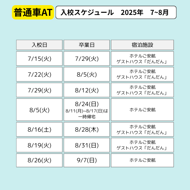 江田島自動車学校　合宿免許　入校スケジュール 2025年7月~8月